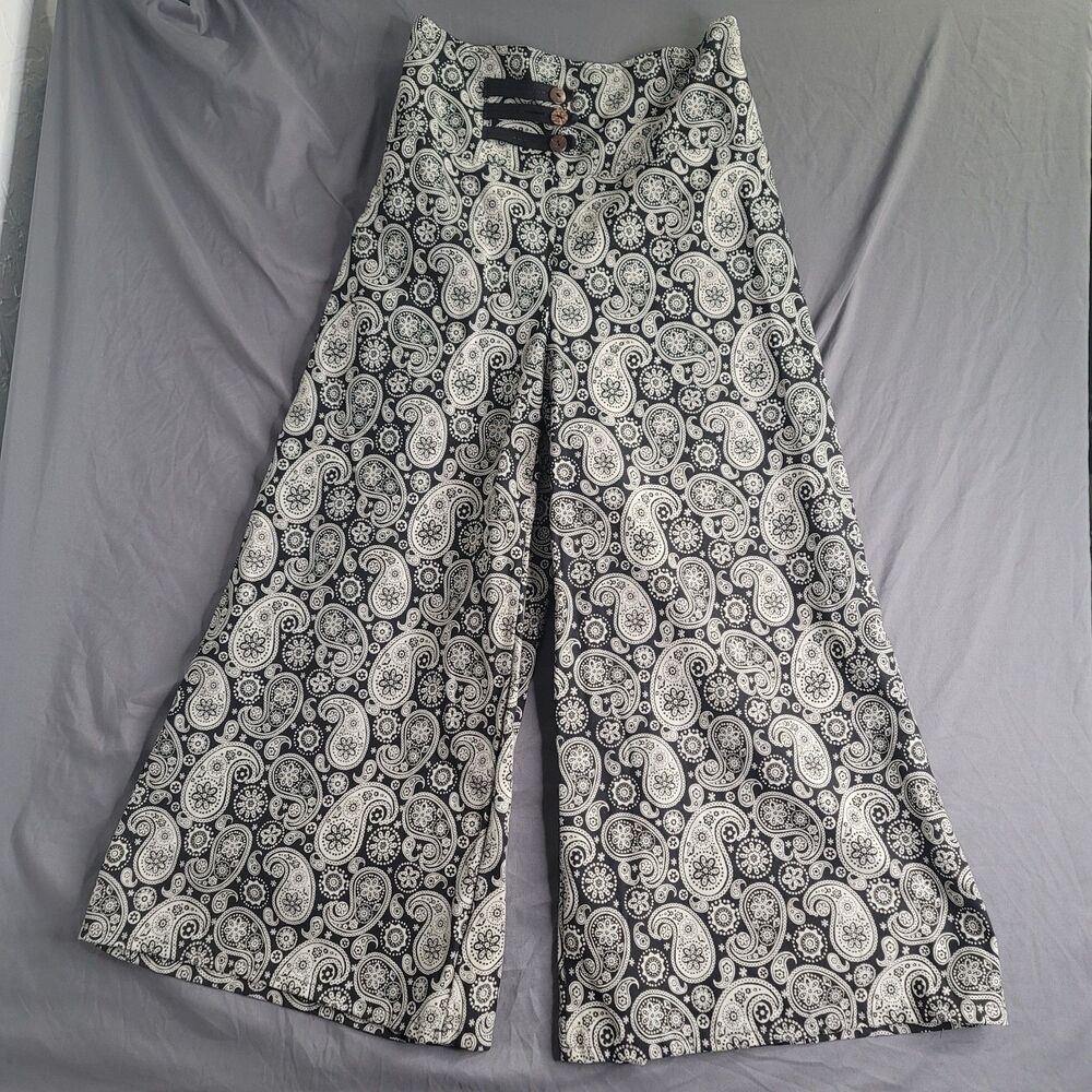 Black White Paisley Wide Leg Palazzo Pant Medium Boho Resort Artsy Festival Chic